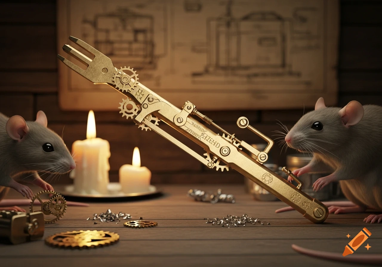 Two rats on a wooden table with candles and gears, examining a golden steampunk-style multi-tool with a fork end.