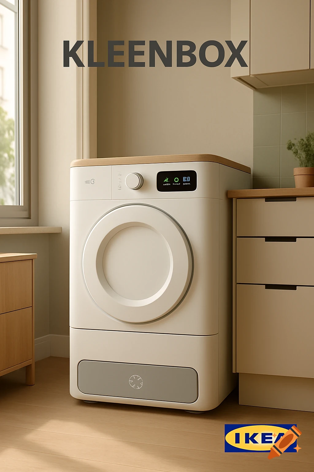 A modern, compact white and wood washing machine, branded KLEENBOX, in a bright room with light-colored cabinets, featuring an IKEA logo.