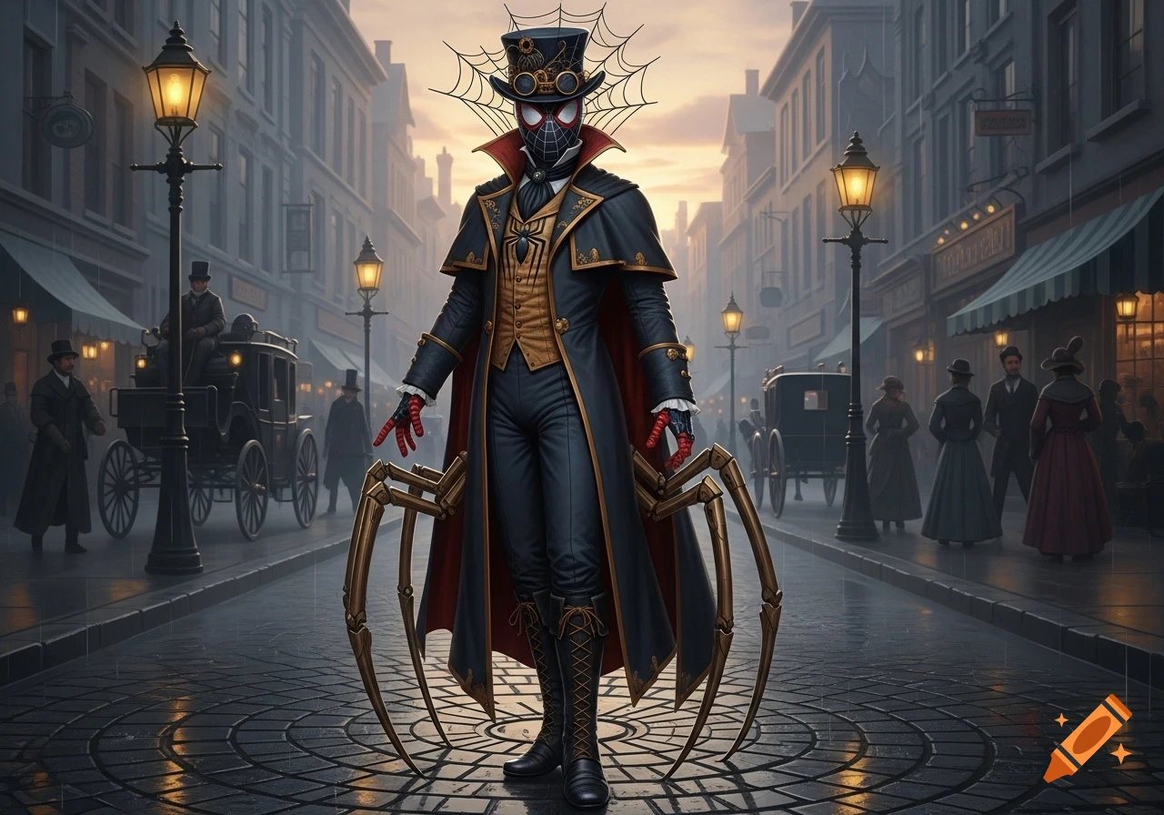A Steampunk Spider-Man in a Victorian street, wearing a black coat, gold vest, top hat, goggles, and robotic spider legs.