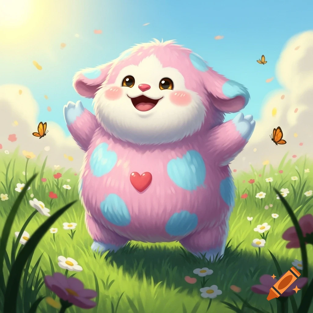 A happy, fluffy pink creature with blue spots and a red heart stands in a sunny field of flowers with butterflies, cartoon style.