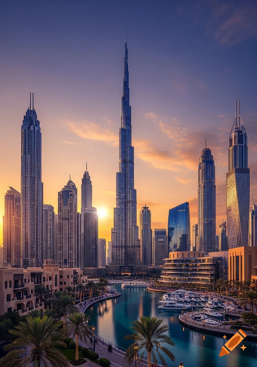 Photorealistic sunset over the Dubai skyline with the Burj Khalifa, other skyscrapers, a marina, and palm trees.