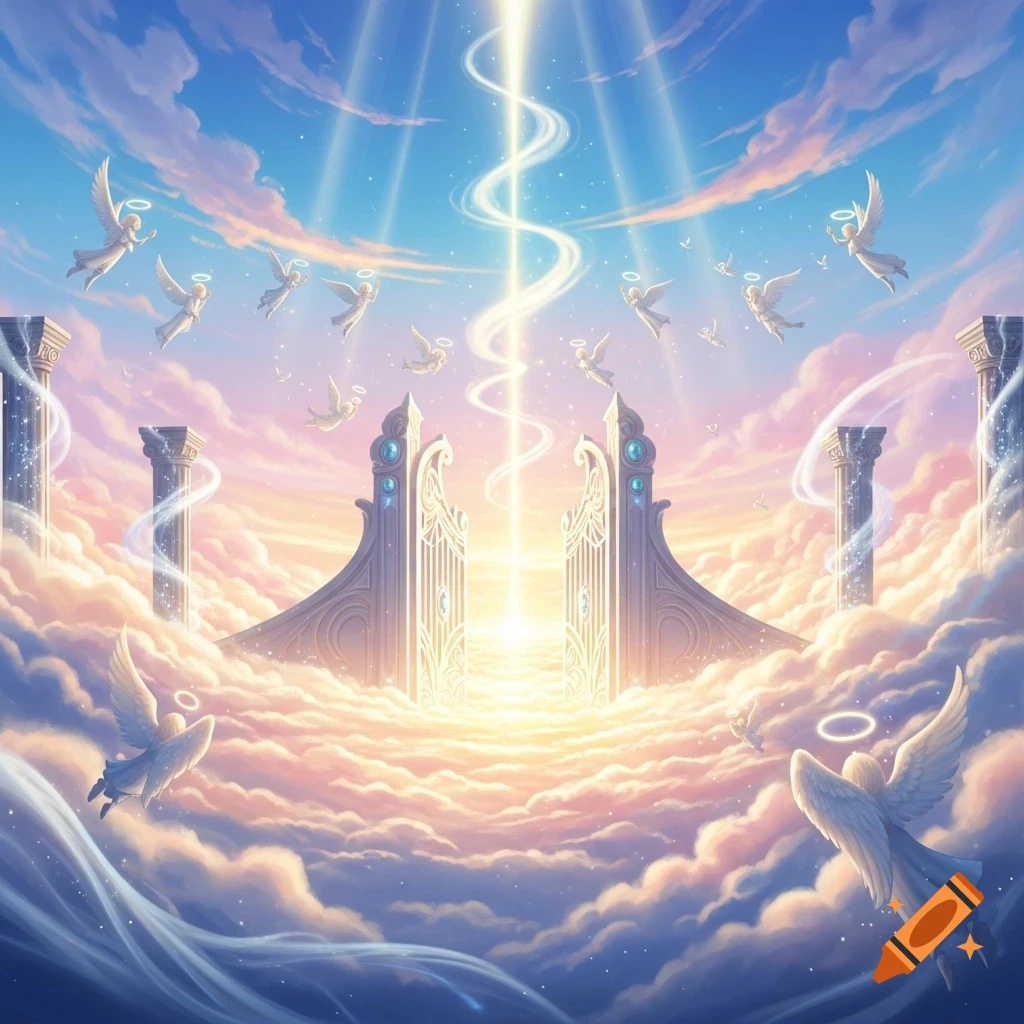 Ethereal illustration of shining heavenly gates in clouds with angels flying towards a bright light streaming from above.