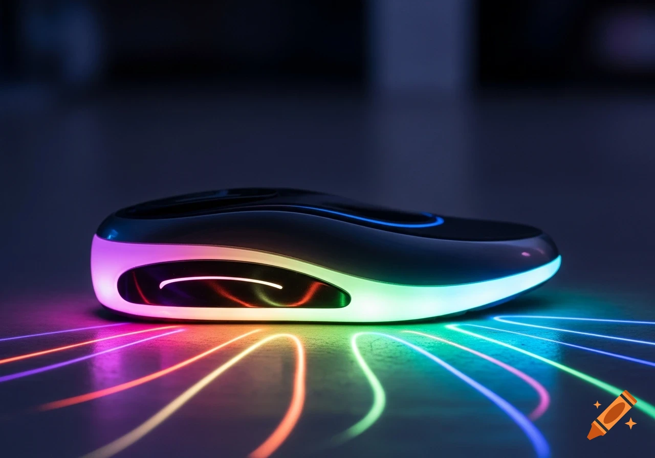 A dark, sleek, futuristic shoe sole attachment glowing with colorful pink, green, and blue lights, casting trails on a dark surface.