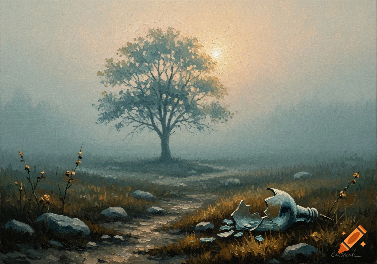 An oil painting of a lone tree in a misty field at dawn, with a broken ...