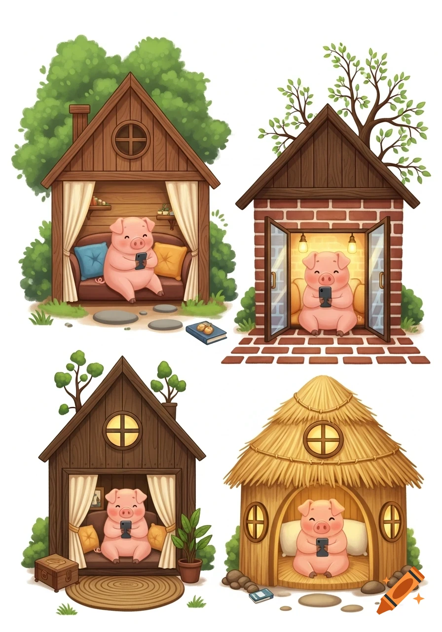 Four cute cartoon pigs in different houses, each looking at a smartphone.