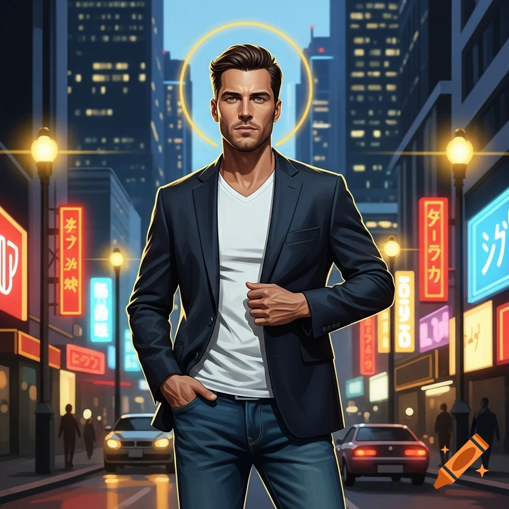 Stylized illustration of a man in a blazer and jeans on a city street at night, with neon signs and a golden halo above his head.