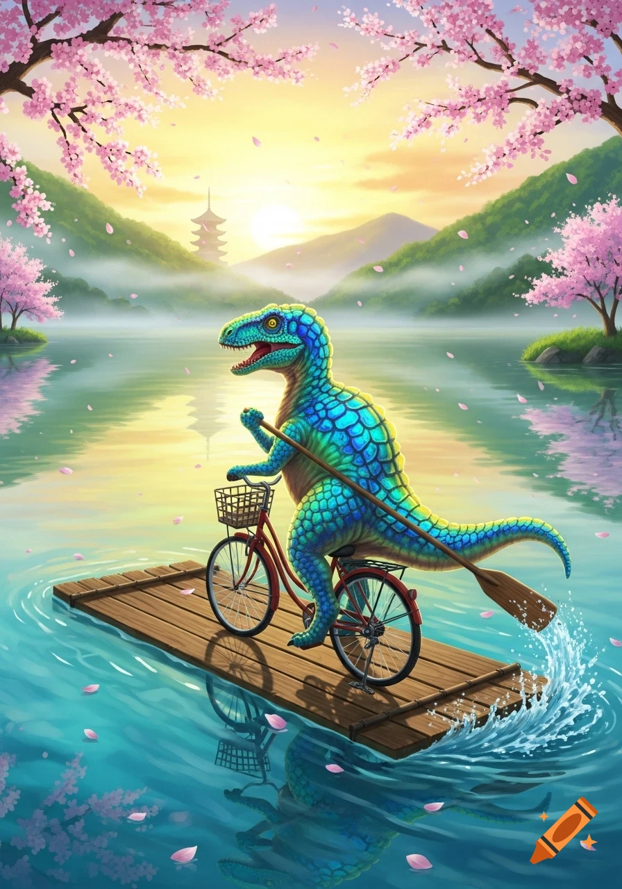 A whimsical blue and green dinosaur rides a bicycle on a raft in a serene Japanese lake with cherry blossoms and a pagoda at sunrise.