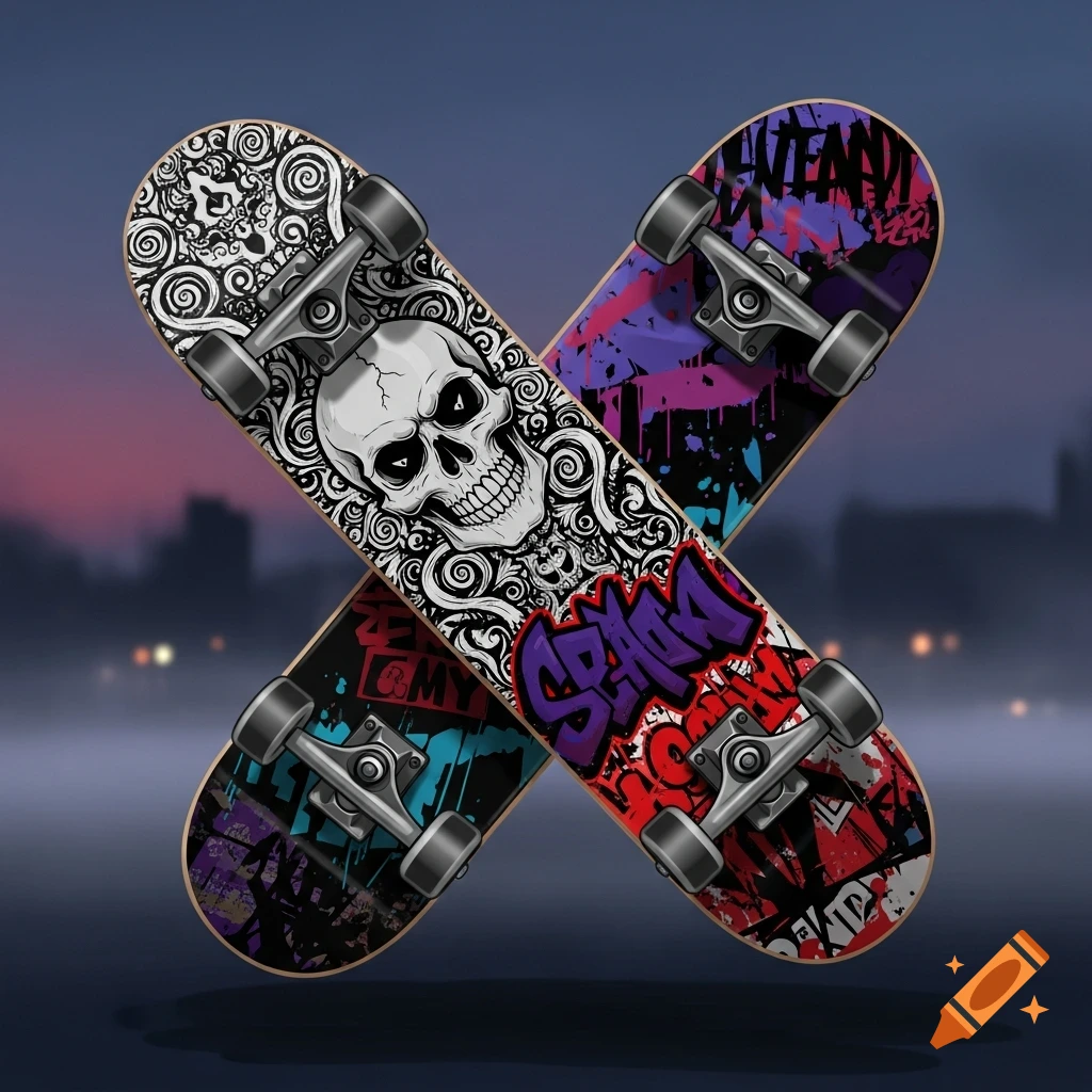 Two skateboards with a skull and graffiti designs crossing each other against a blurred city background.