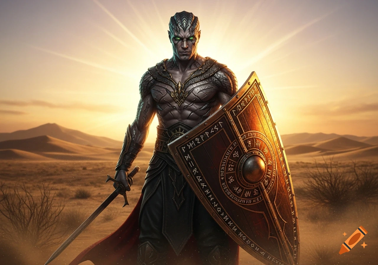 A formidable male warrior with scaled skin and glowing green eyes ...
