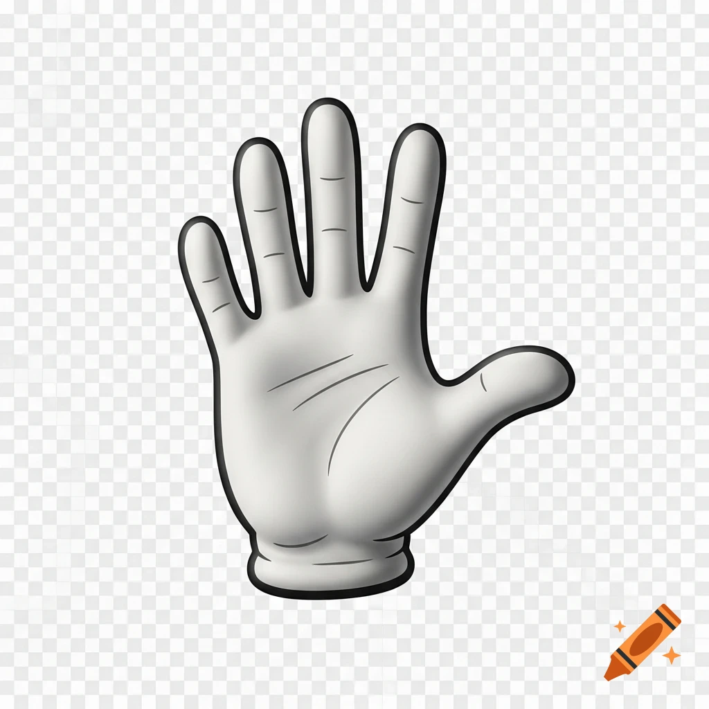 A stylized cartoon hand with four fingers and a thumb, white with a black outline, against a transparent background.
