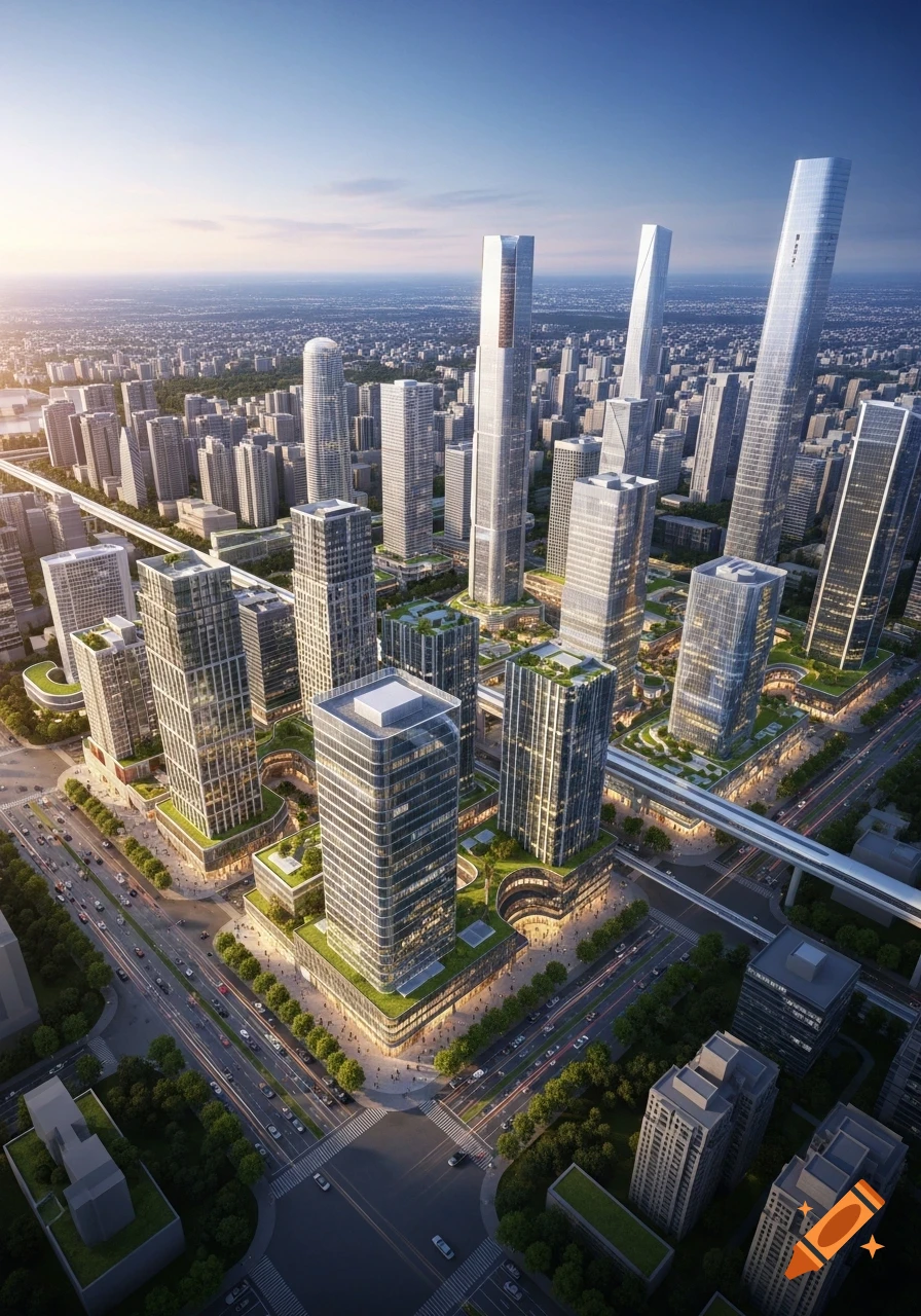 Aerial view of a vast, modern city with numerous glass skyscrapers and ...