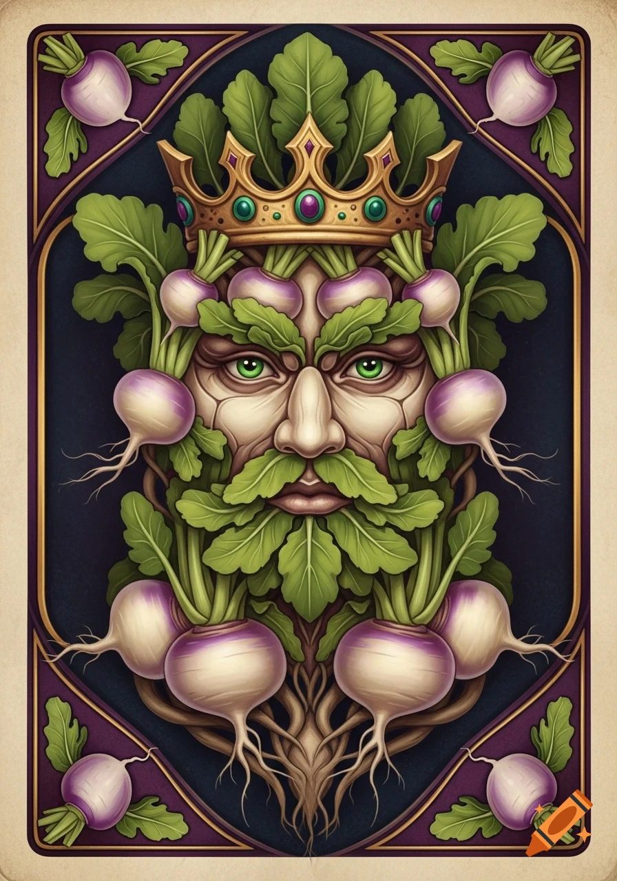 A stylized portrait of a Turnip King, resembling the Green Man, composed of turnips, leaves, and roots, wearing a golden crown, in the style of a playing card.