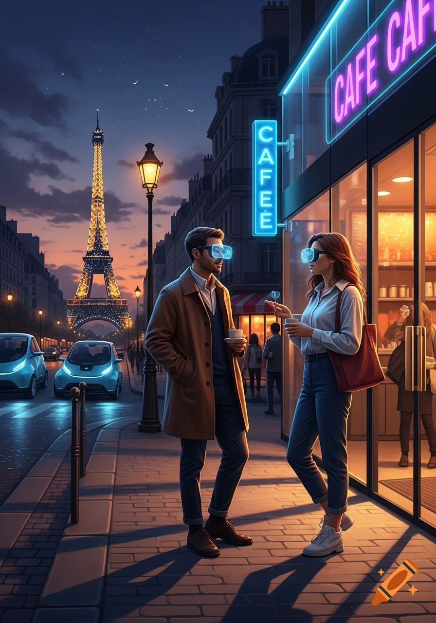 A man and woman in futuristic glasses talk outside a neon-lit cafe in Paris at dusk, with the Eiffel Tower in the background.