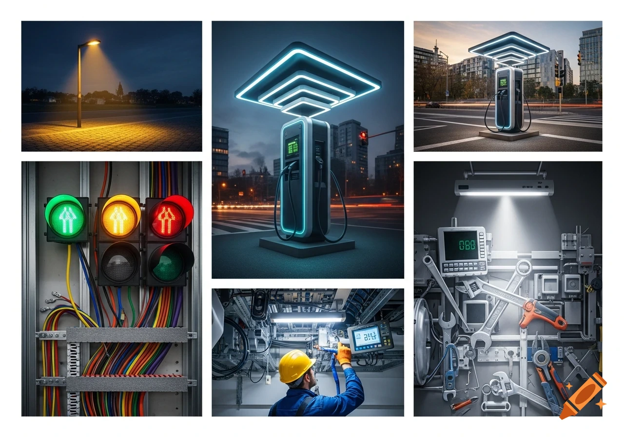A collage of six images showing street lighting, EV charging station, traffic lights, electrical wiring, a worker with electrical equipment, and tools.