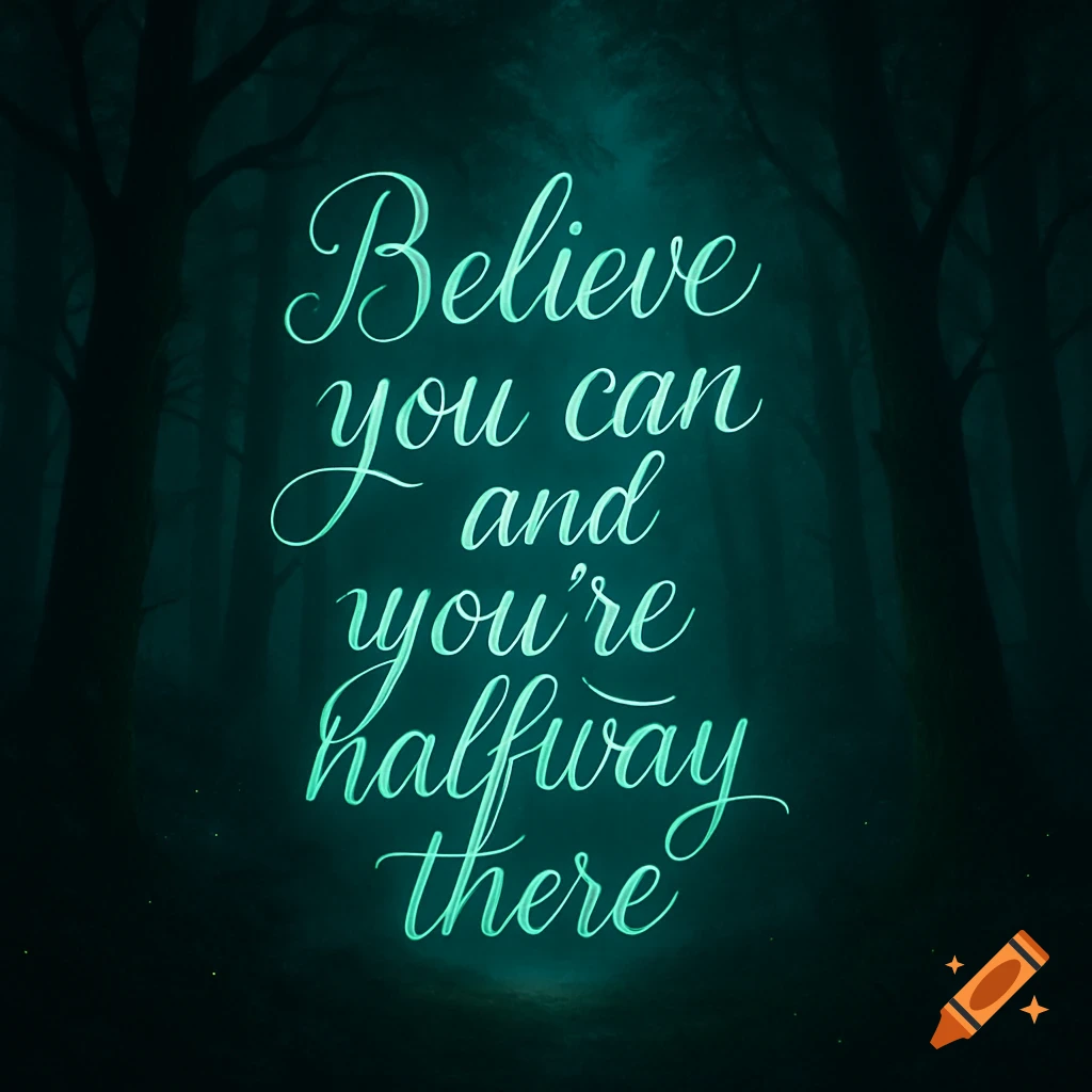Glowing green cursive text reads "Believe you can and you're halfway there" against a dark, foggy forest backdrop.