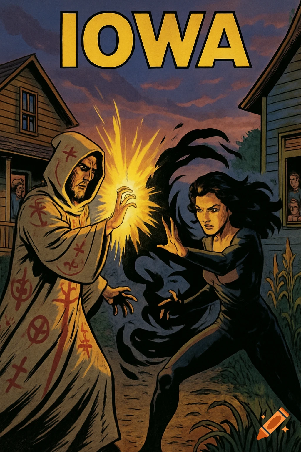 Comic book art of a robed man with glowing hands facing a woman surrounded by dark tendrils, in front of houses at dusk.