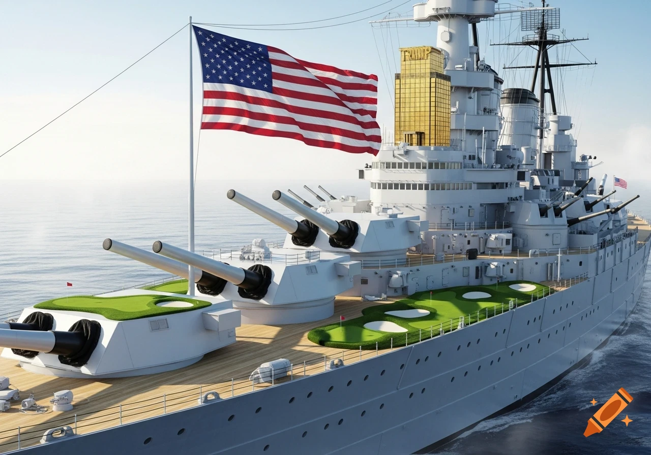 An enormous battleship with an American flag, golf courses, and a golden Trump Tower integrated into its superstructure sails on the sea.