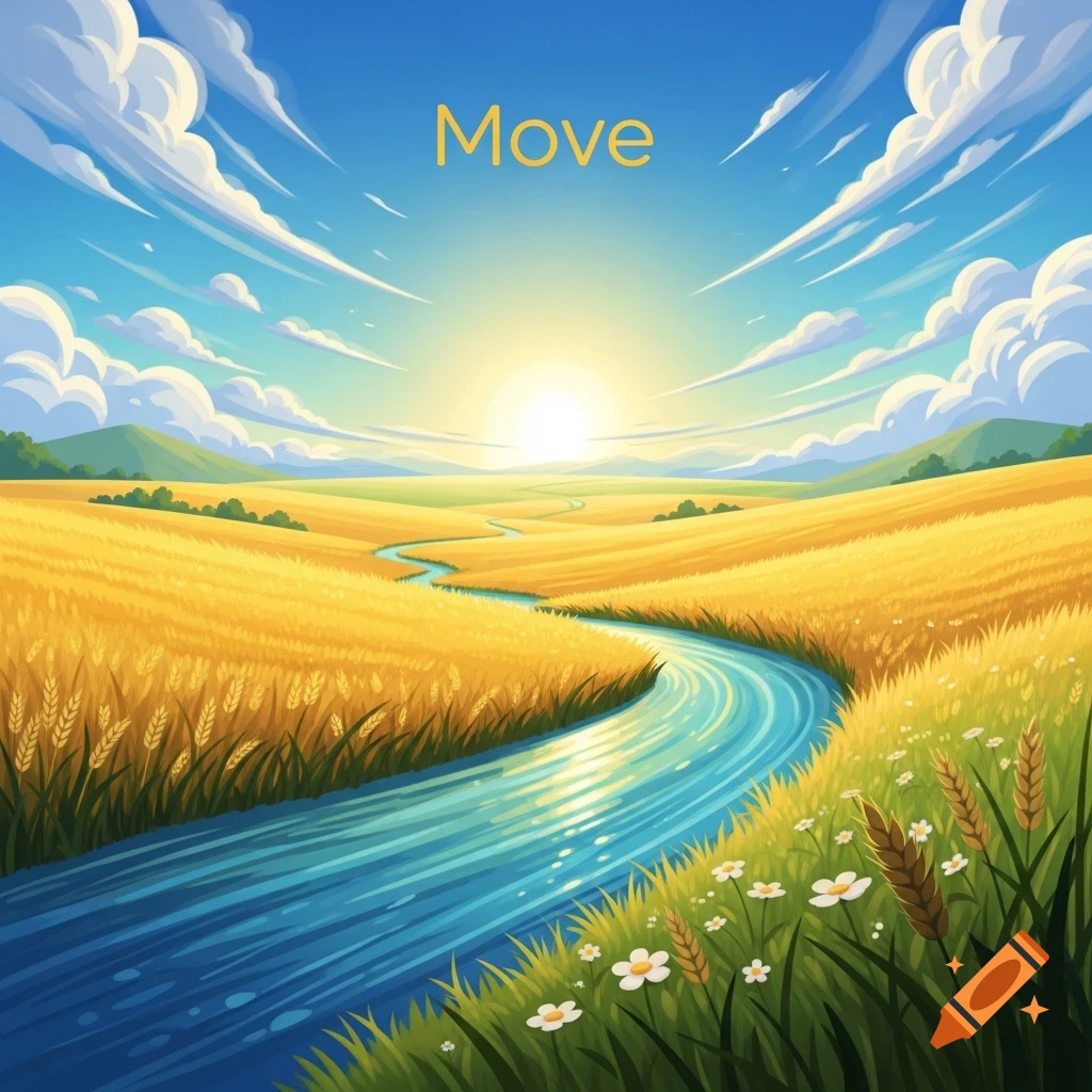 Vibrant illustration of a winding river through golden fields under a ...