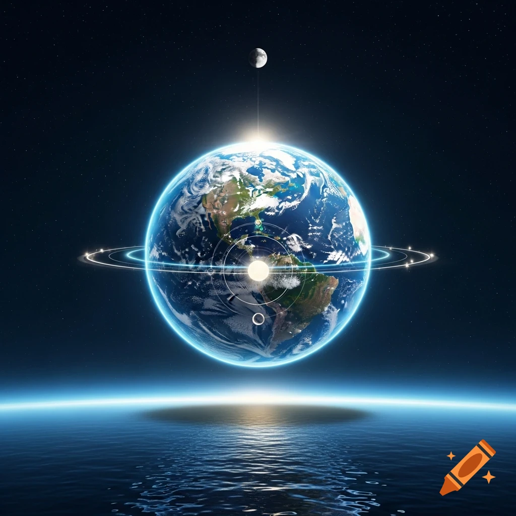 A bright blue and green Earth floats above calm water, surrounded by glowing rings, with a moon and light beam above, set against a star-filled dark blue space.