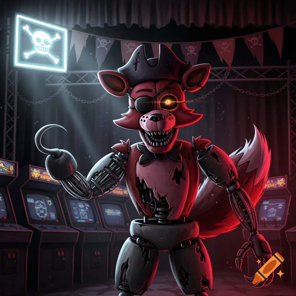 Foxy, the red animatronic fox from Five Nights at Freddy's, stands menacingly in a dimly lit arcade, surrounded by machines and neon skull-and-crossbones signs.