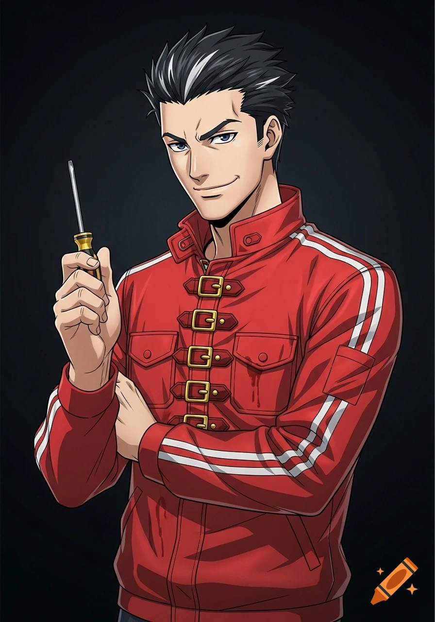 Anime-style man in a red jacket with white stripes and gold buckles, holding a screwdriver, smirking against a dark background.