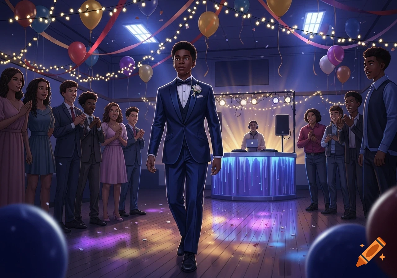 A Black male student in a blue suit walks into a school dance, greeted by applauding classmates, with balloons and string lights above.