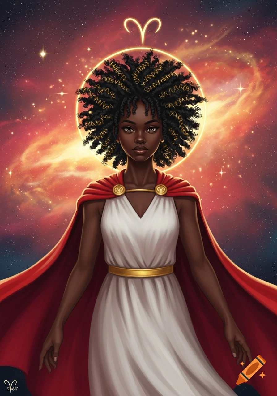 An illustrated Black woman with dark curly hair and a red cape, under a glowing Aries symbol against a cosmic background.