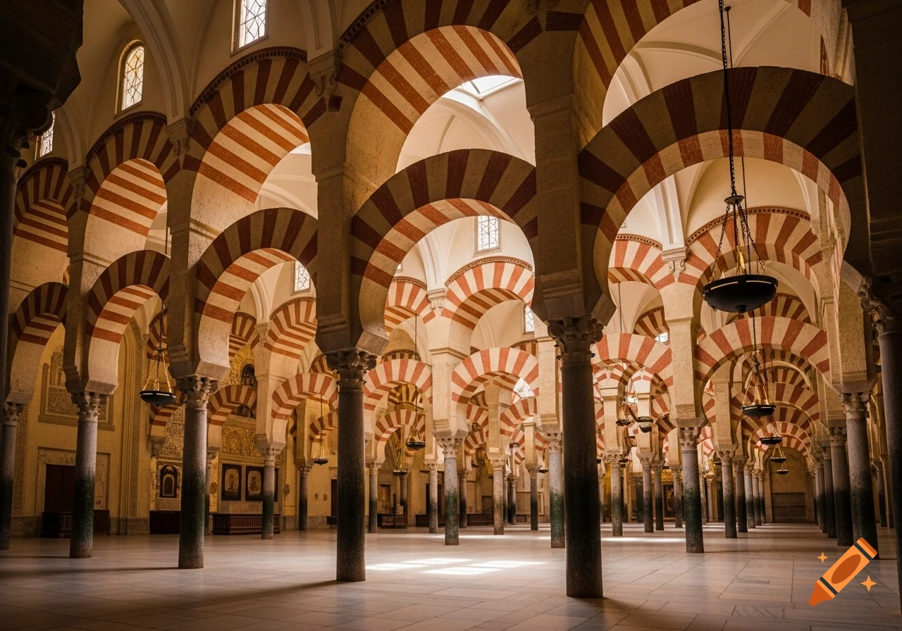 Interior view of a grand mosque featuring countless red and white striped arches supported by columns, with light illuminating the floor.