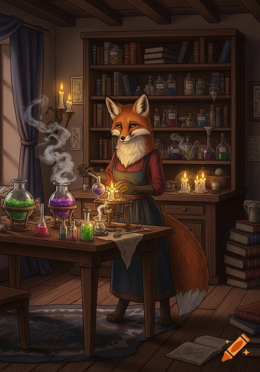 A red fox vixen alchemist mixing colorful potions at an antique wooden table in a cozy, book-lined room.