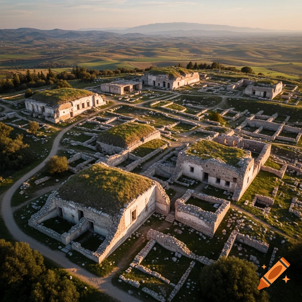 Aerial view of ancient stone ruins with grass-covered rooftops on a hillside, overlooking a vast green landscape under a bright sky.