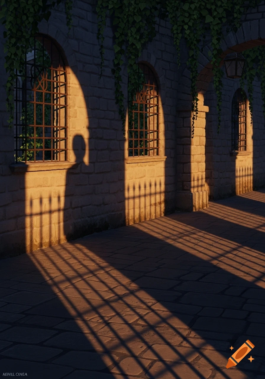 Photorealistic image of a stone wall with arched, grated windows and ivy, illuminated by warm sunlight casting long shadows on the ground.