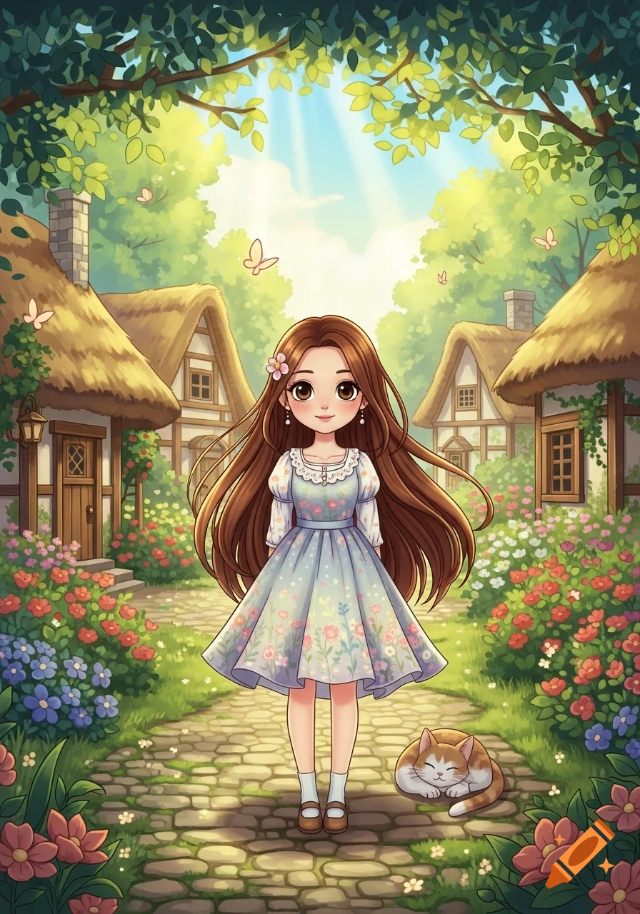 A cute anime-style girl with long brown hair stands on a stone path next to a sleeping cat, surrounded by colorful flowers and storybook houses.