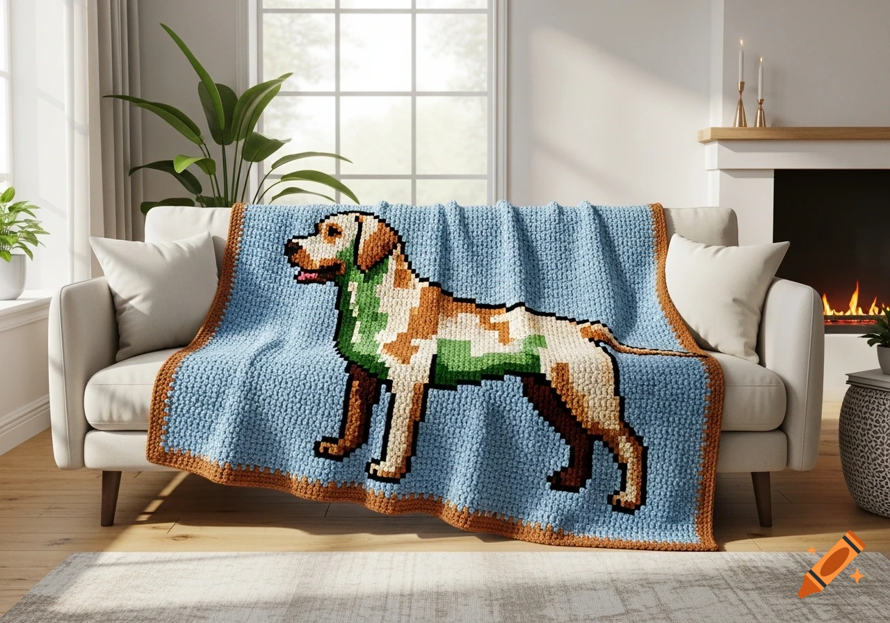 A pixel-style crochet blanket with a Labrador dog pattern draped over a sofa in a cozy living room.