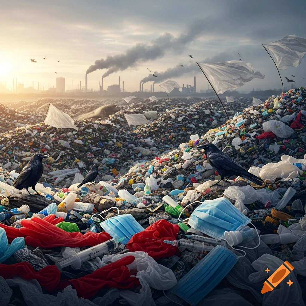 A photorealistic image of a vast landfill, piles of trash with medical waste, crows, and industrial factories under a hazy sky.