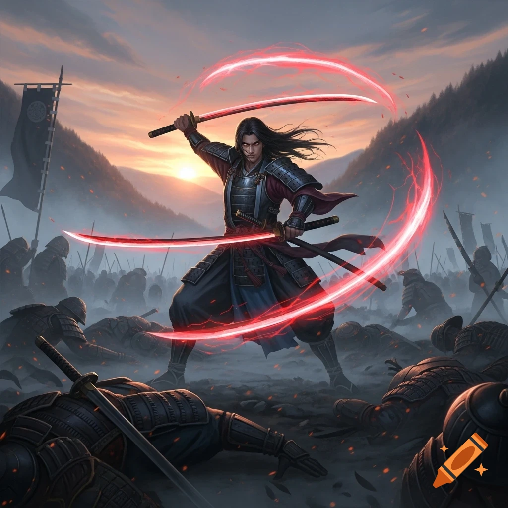 A handsome samurai with long dark hair wields two glowing red katanas amidst fallen warriors on a battlefield at sunset.