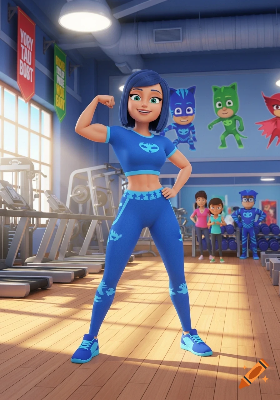 A cartoon woman with blue hair, wearing a blue crop top and leggings, flexes her bicep in a gym with PJ Masks posters and other people in the background.