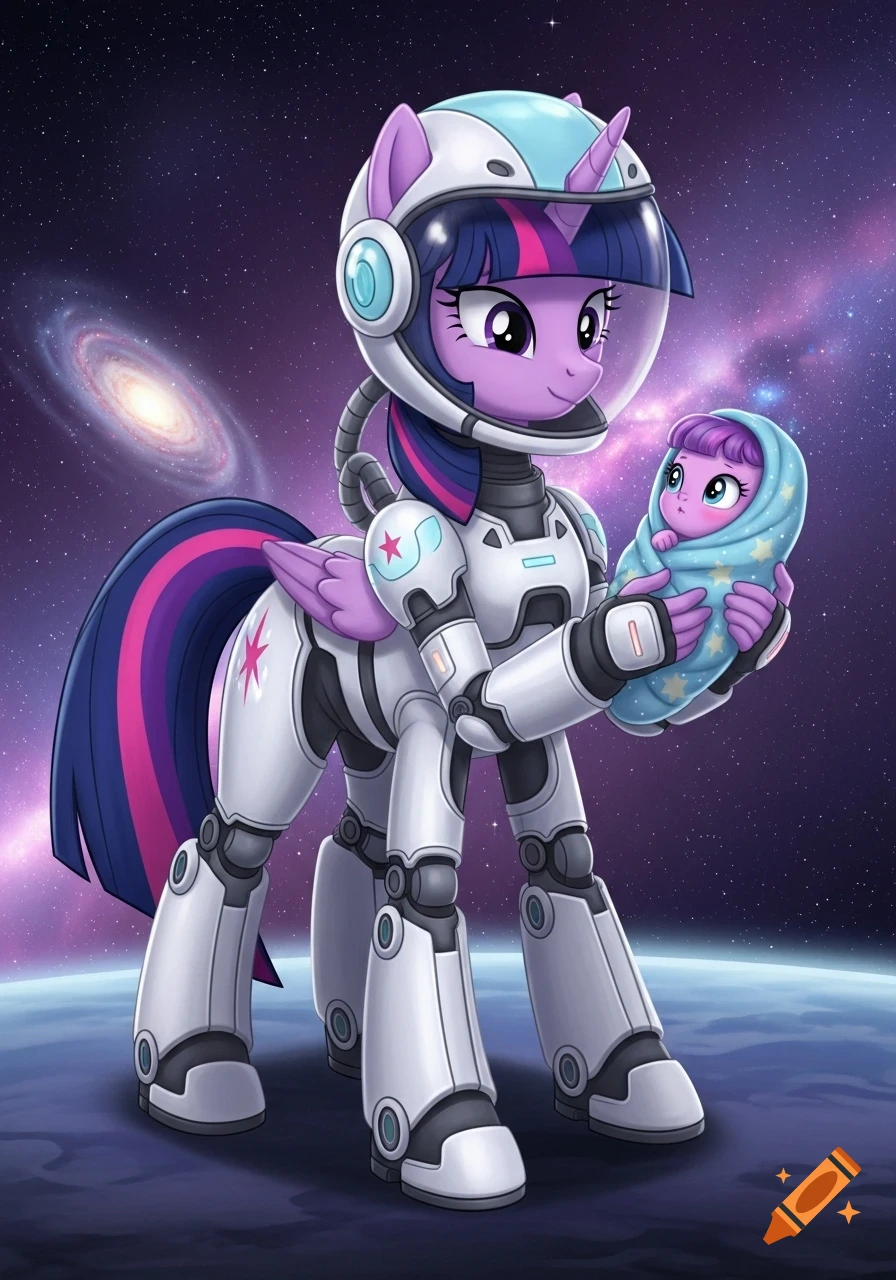 Purple pony Twilight Sparkle in a white astronaut suit holding a baby pony in a blue blanket, floating above a planet in space.
