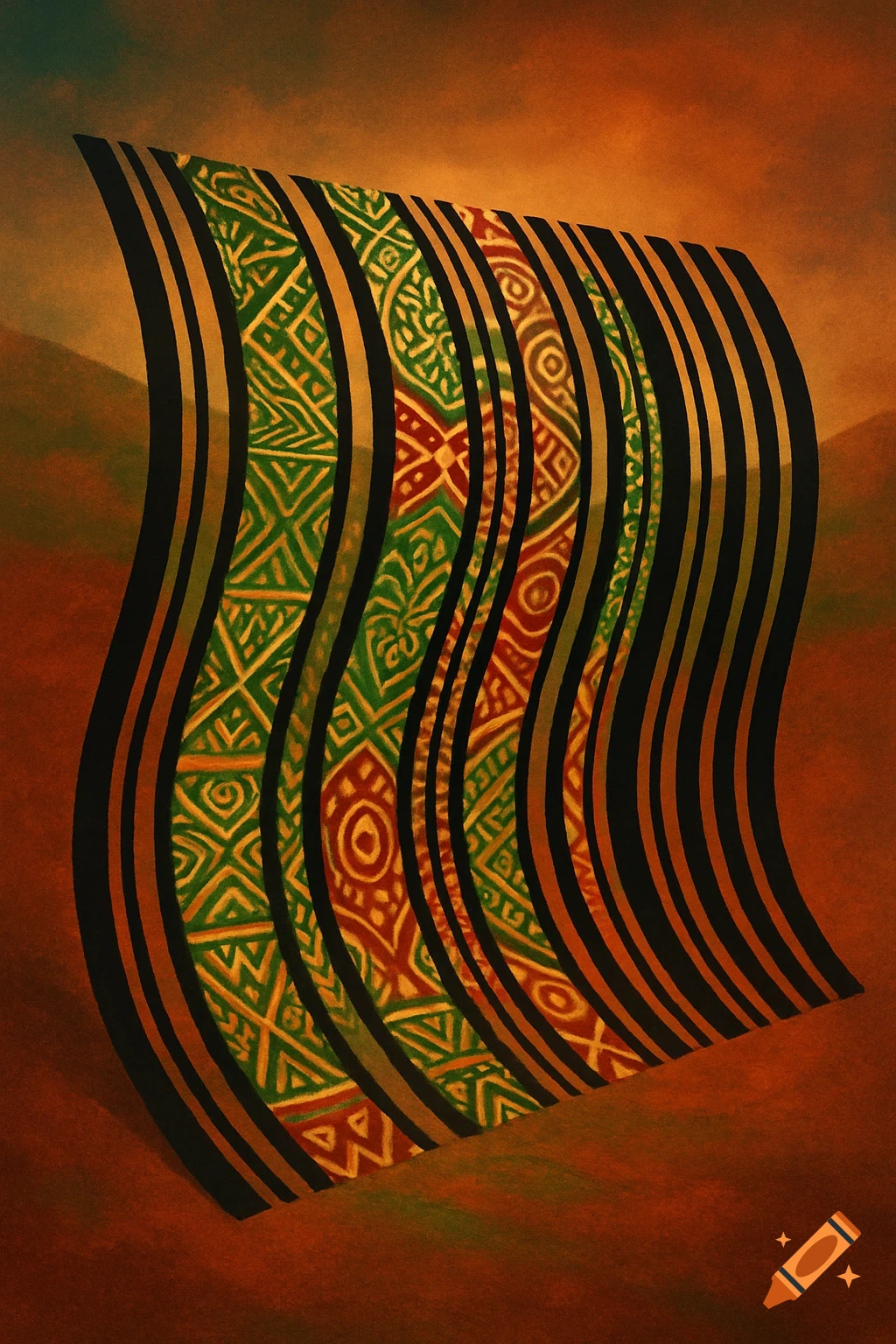 Abstract art with wavy black stripes alternating with patterned strips in green, red, and gold, against an orange and brown background.