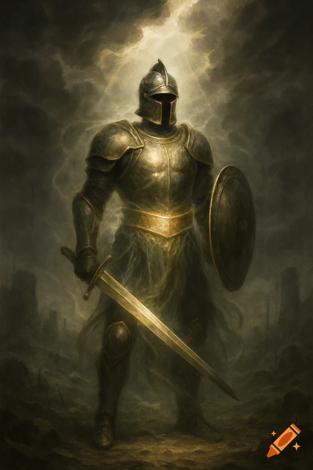A dramatic painting of a knight in golden armor, holding a sword and shield, under a stormy sky.