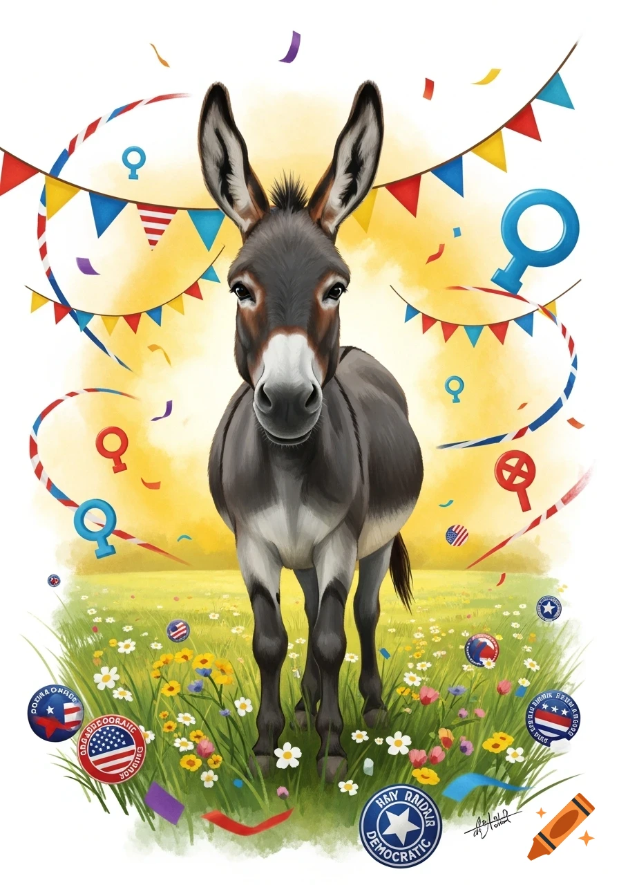A stylized illustration of a democratic donkey standing in a field of wildflowers with confetti and party bunting, surrounded by political-themed badges.