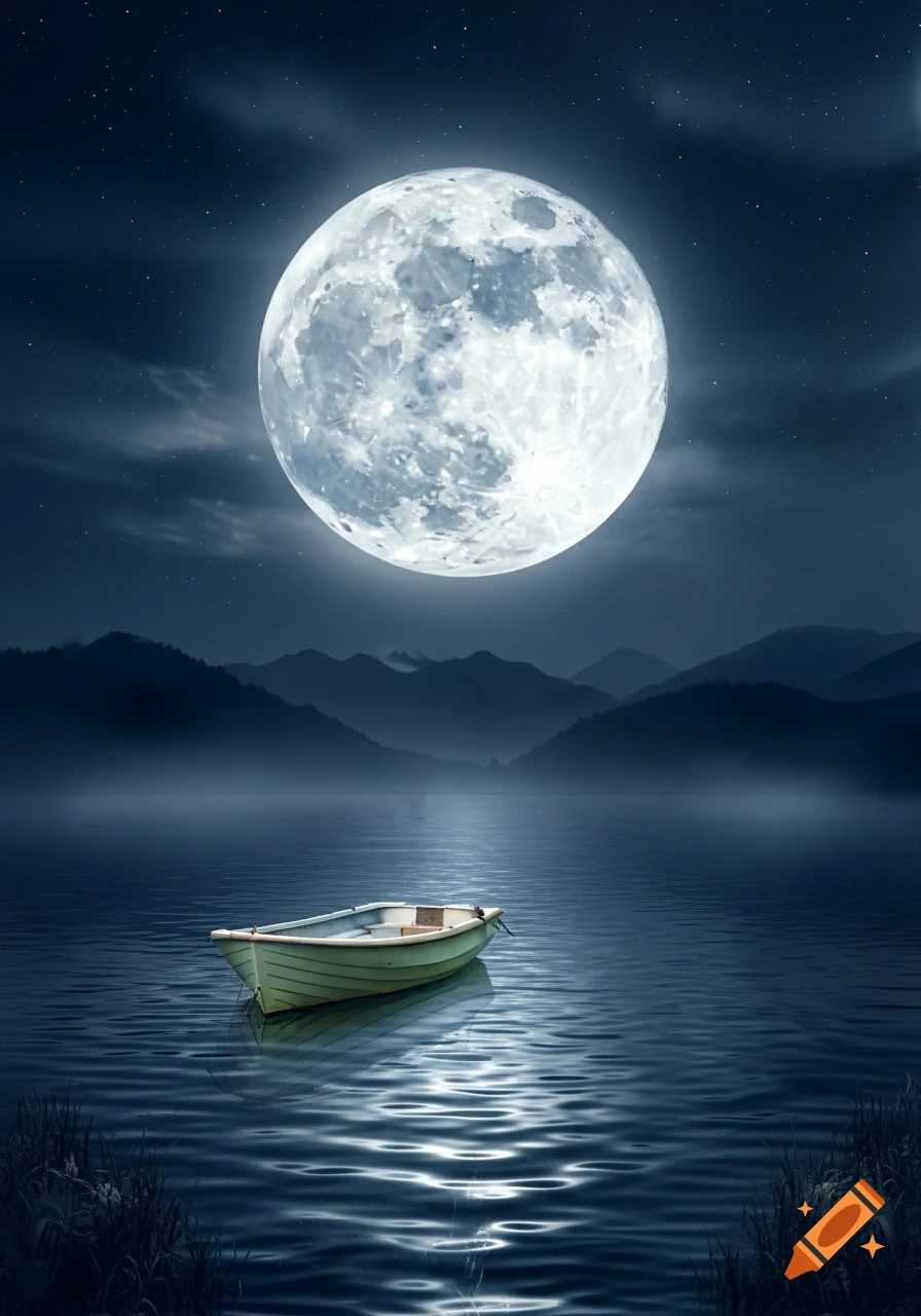 A full moon illuminates a calm lake with a small, empty boat under a starry night sky and distant mountains.
