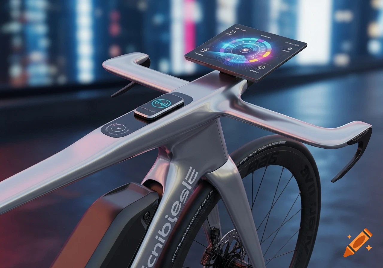 Close-up of a sleek, futuristic silver bicycle with a digital screen on handlebars, a wireless charging pad, and an integrated battery.