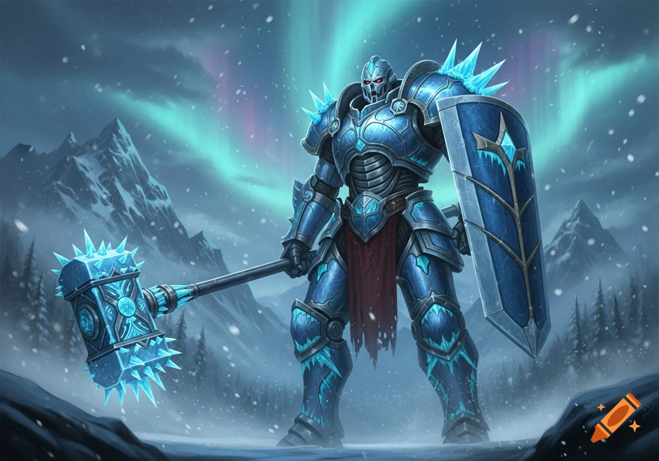 Blue ice armored warrior with red eyes, holding a spiked hammer and shield in a snowy landscape with aurora borealis, fantasy art style.