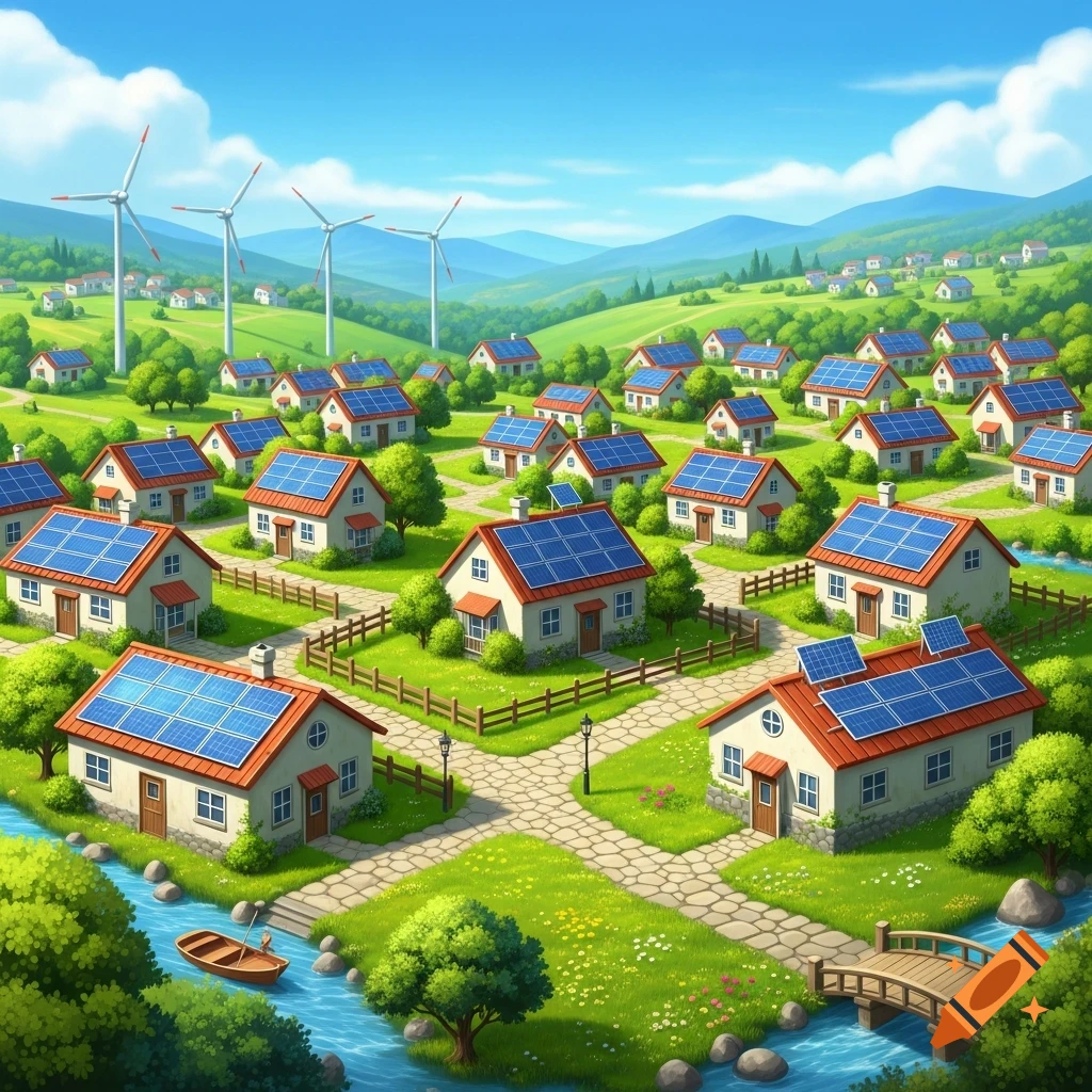 A vibrant cartoon village featuring houses with solar panels, wind turbines on green hills, a winding river with a boat, and stone paths.
