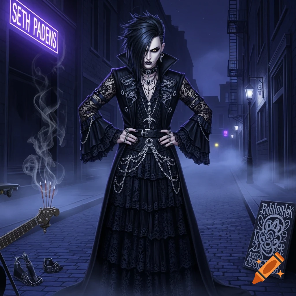 A striking goth person with dark hair and elaborate black attire stands in a moody, dimly lit alley at night, with a neon sign and streetlights.