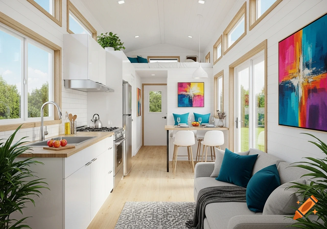Photorealistic modern tiny house interior with white walls, wood accents, kitchen, dining area, living room, and loft bed.