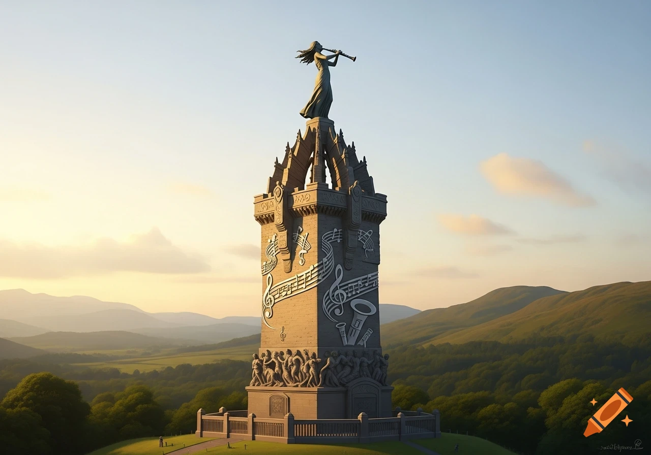 A majestic monument dedicated to a female clarinet player, featuring musical notes and instruments carved on its facade, stands atop a hill overlooking a vast green valley at sunset.