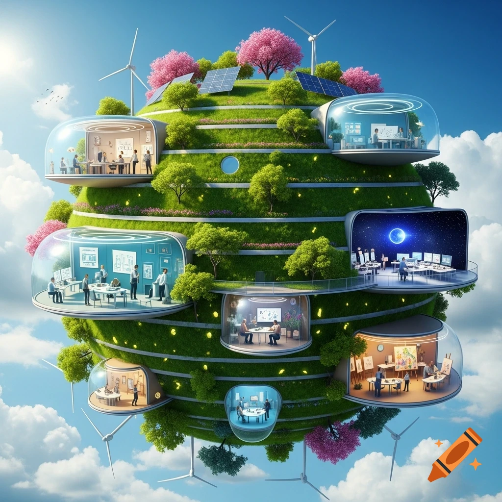 A vibrant, futuristic, eco-friendly terraced planetoid floating in the sky, featuring glass-domed work and activity rooms, solar panels, and wind turbines.