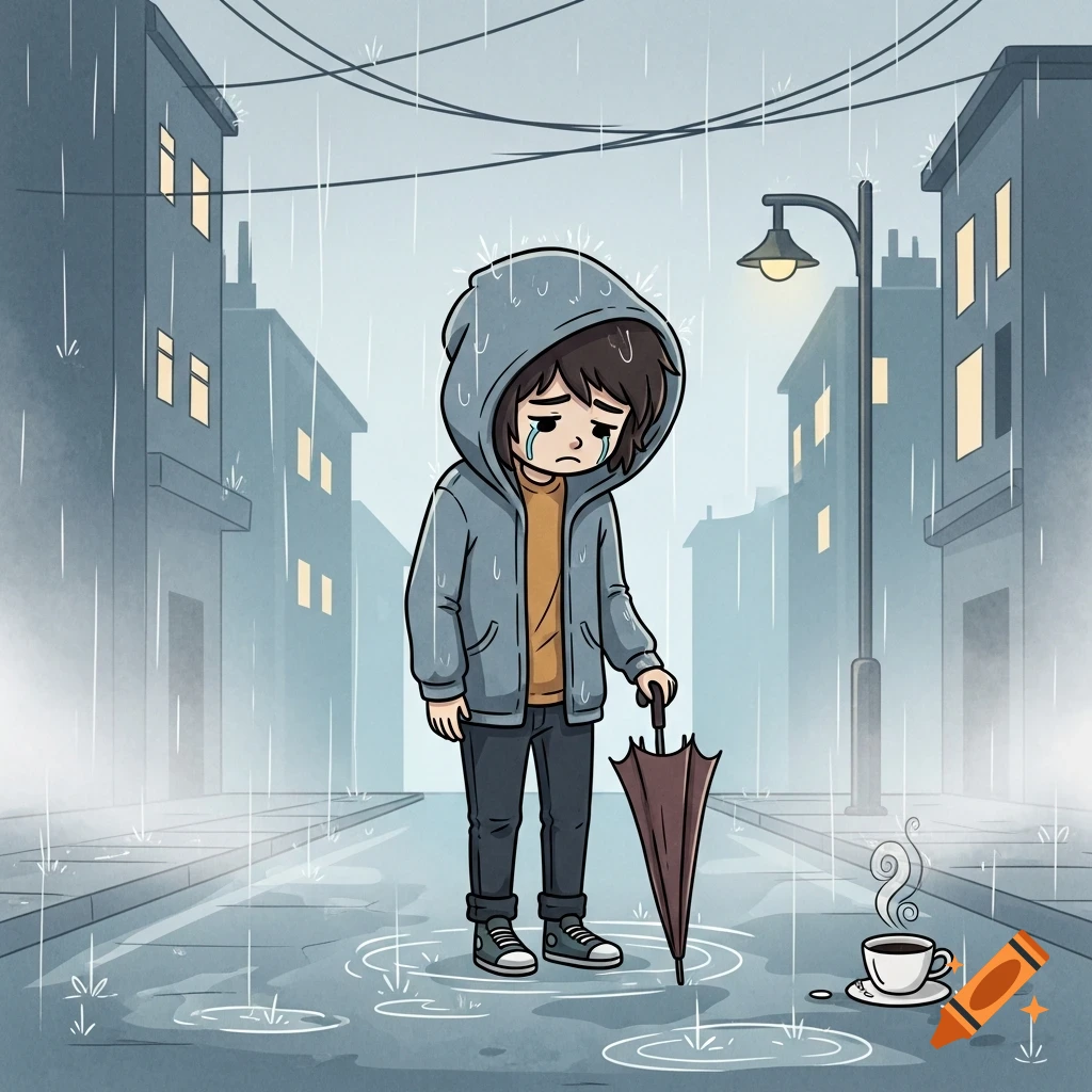 Cartoon of a sad child in a grey hoodie, crying in the rain on a city street with an umbrella and a cup of coffee.