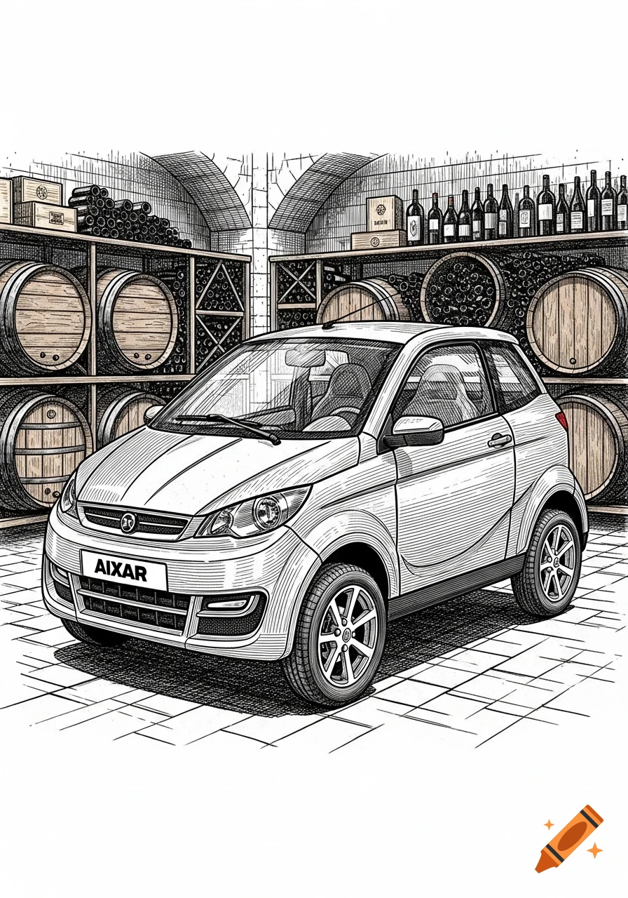 Engraving of a small white car with 'AIXAR' on the bumper, parked in a wine cellar filled with barrels and wine bottles.
